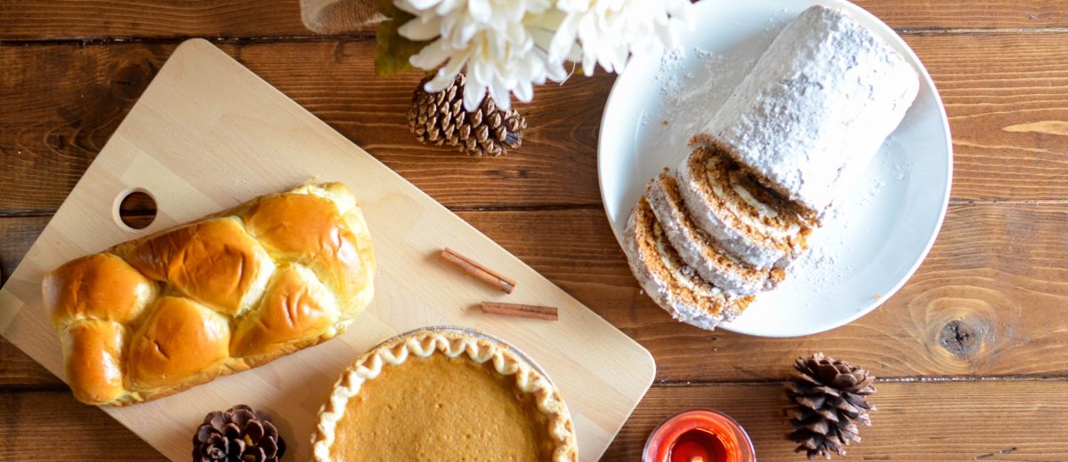 photo of pie bread holiday pinecones spread
